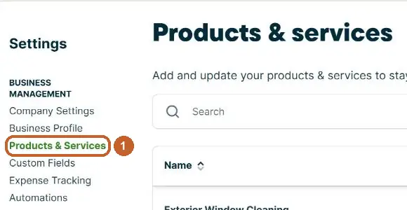 Jobber Settings: Products & Services circled (step 1)