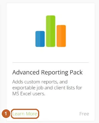 ServiceM8 add-on directory: Advanced Reporting Pack, Free, Learn More circled (step 1)