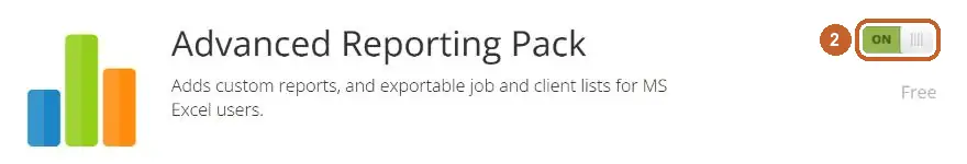 ServiceM8 Advanced Reporting Pack page: the switch circled, ON (step 2)