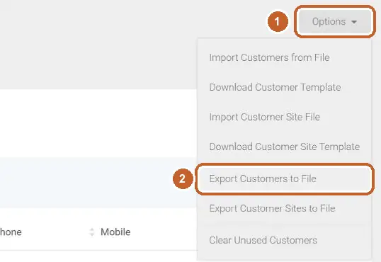 Tradify Customers screen: Options menu open, Export Customers to File circled (step 2)