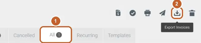 Tradify Invoices screen: the All tab circled (step 1), the Export Invoices icon circled (step 2)
