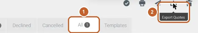 Tradify Quotes screen: the All tab circled (step 1), the Export Quotes icon circled (step 2)