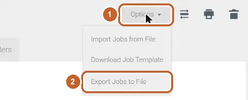 Tradify Jobs screen: Options circled (step 1), Export Jobs to File circled (step 2)