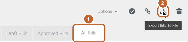 Tradify Purchases screen: the All Bills tab circled (step 1), Export Bills To File circled (step 2)