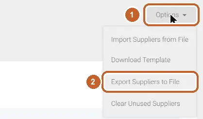 Tradify Suppliers screen: Options circled (step 1), Export Suppliers to File circled (step 2)