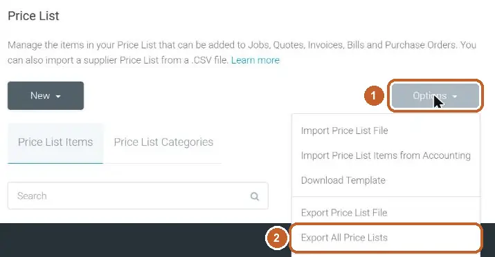 Tradify Price List settings: Options circled (step 1), Export All Price Lists circled (step 2)