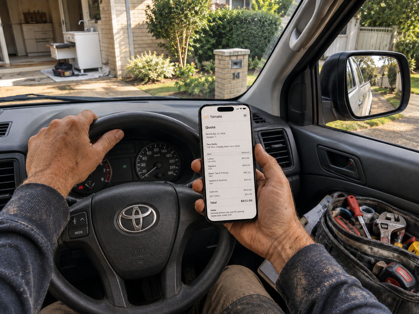 Checking a Yamate quote on the phone from the ute, outside the customer's house