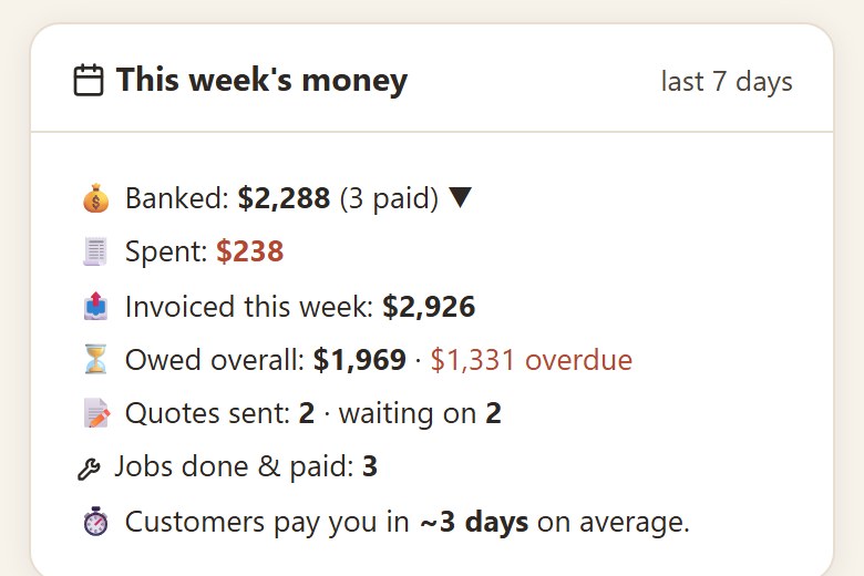 This week's money in Yamate: banked, spent, invoiced and owed