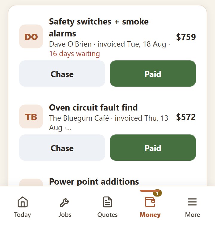 Invoices waiting on payment in Yamate, each with its own Chase button