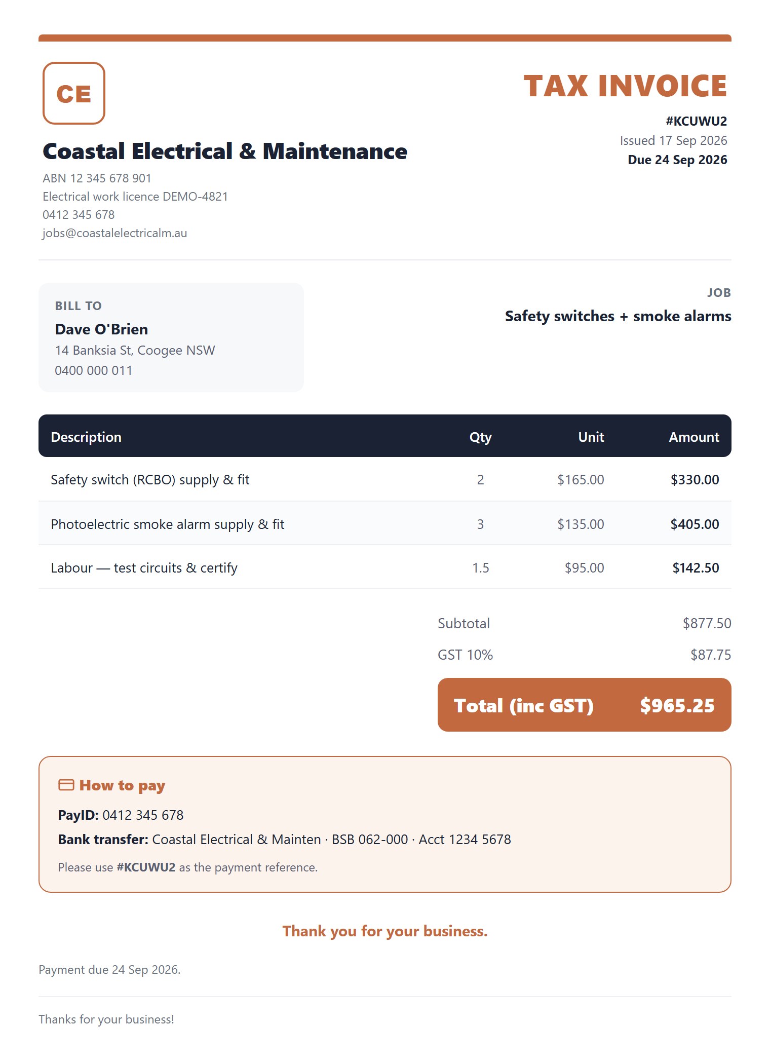 The tax invoice Yamate produces for an electrical job: itemised RCBOs, smoke alarms and labour, GST shown separately, PayID and bank transfer details, and the payment reference