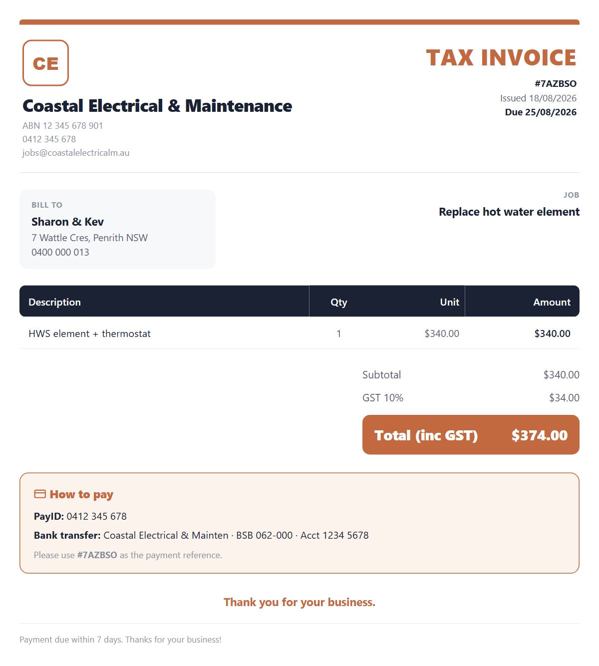 Example PDF invoice created in Yamate
