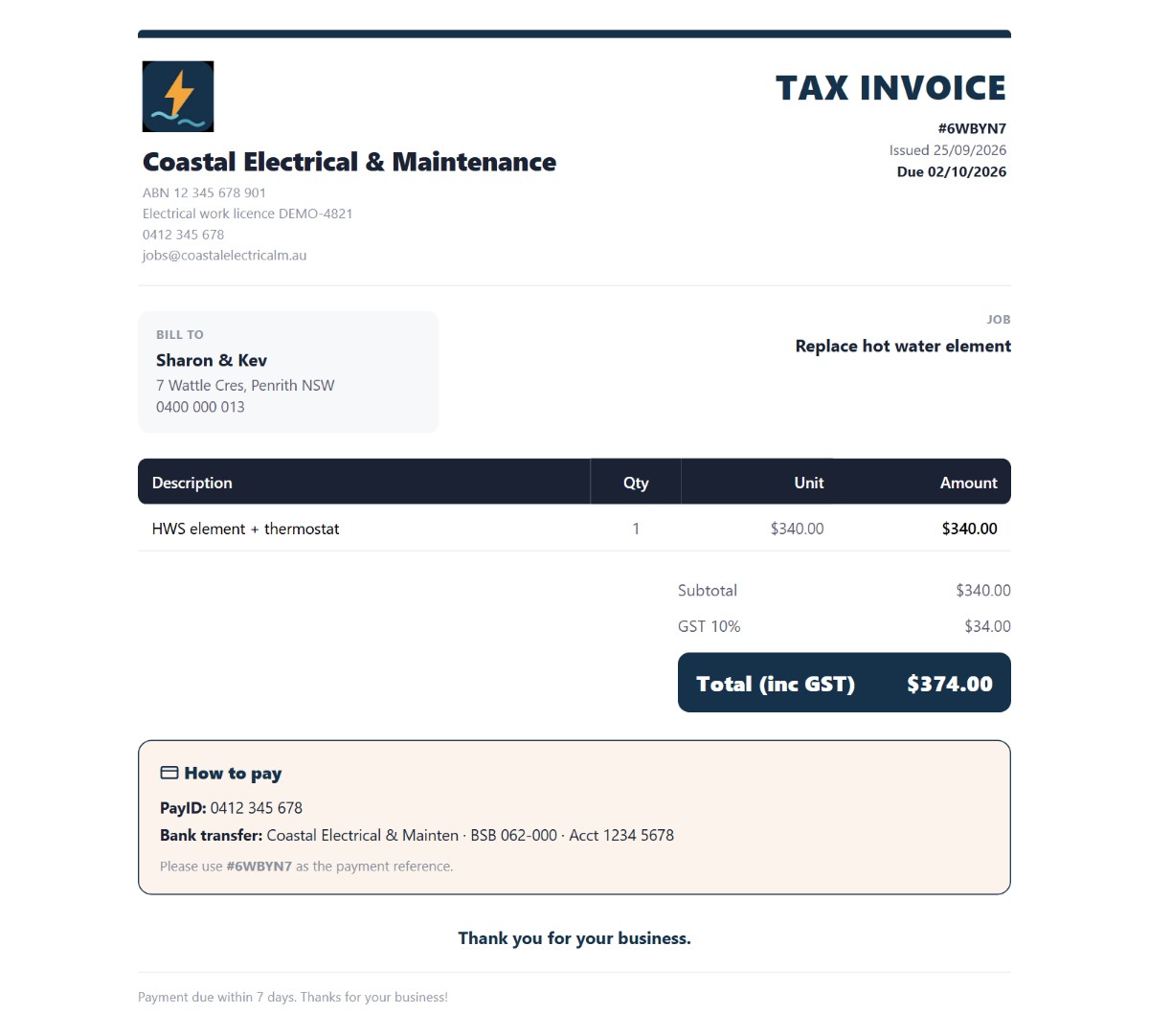 A sample tax invoice from Yamate: the job, GST, the total and how to pay by PayID or bank transfer