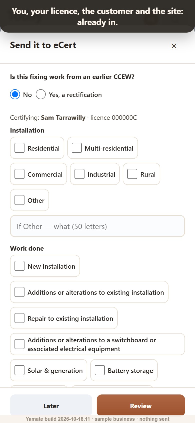 The Send it to eCert form in Yamate with the electrician, licence, customer and site prefilled