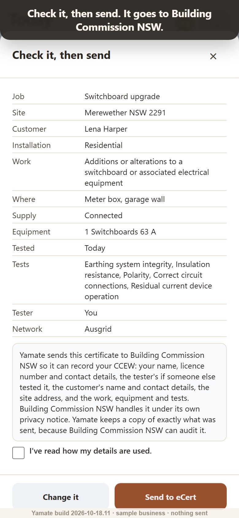 The Check it, then send review sheet in Yamate listing every CCEW line above two declarations and a Send to eCert button