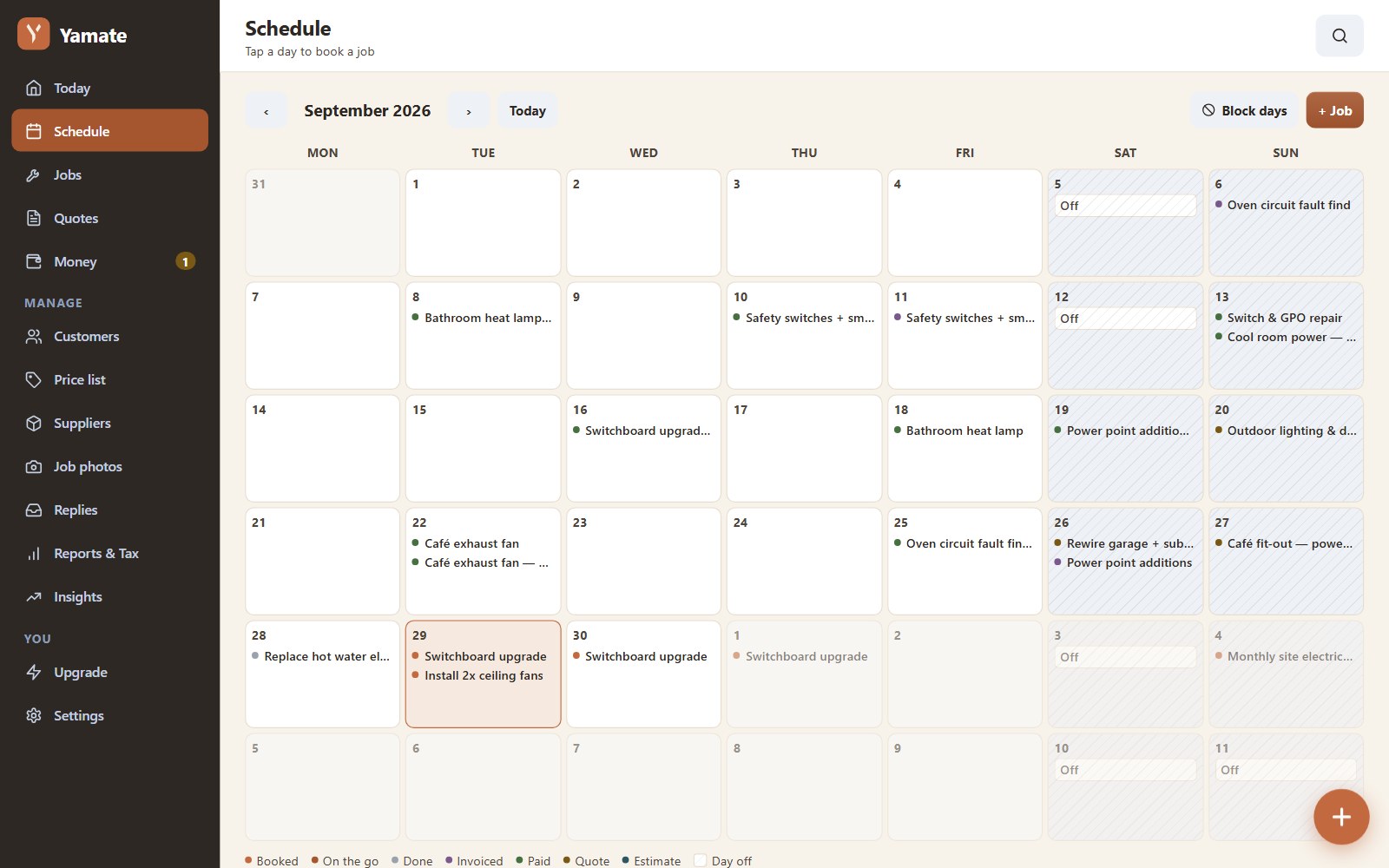Yamate's Schedule on a laptop: a month of booked jobs, colour-coded by stage
