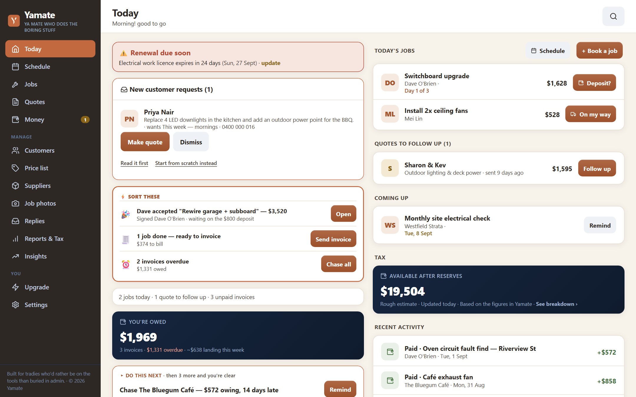 Yamate job management software showing jobs, quotes and invoices