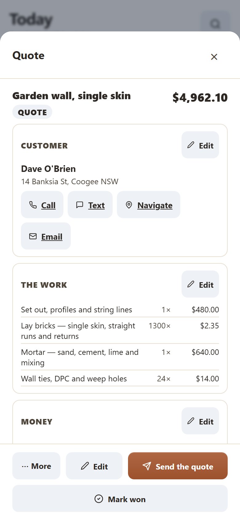 Yamate on a phone, showing a bricklayer quote: the job, the customer, each line and the total with GST