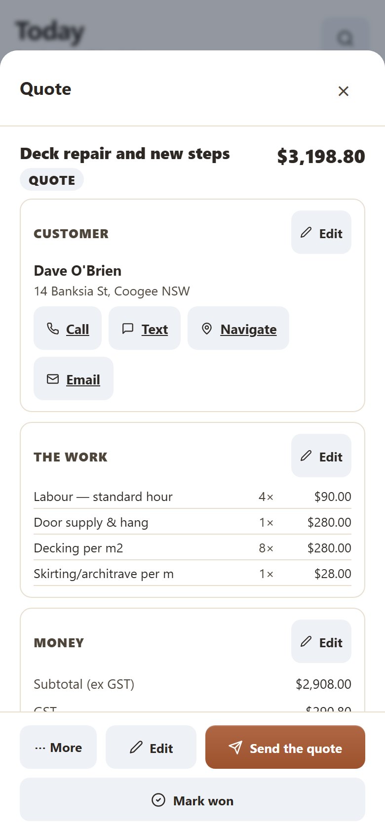 Yamate on a phone, showing a carpenter quote: the job, the customer, each line and the total with GST