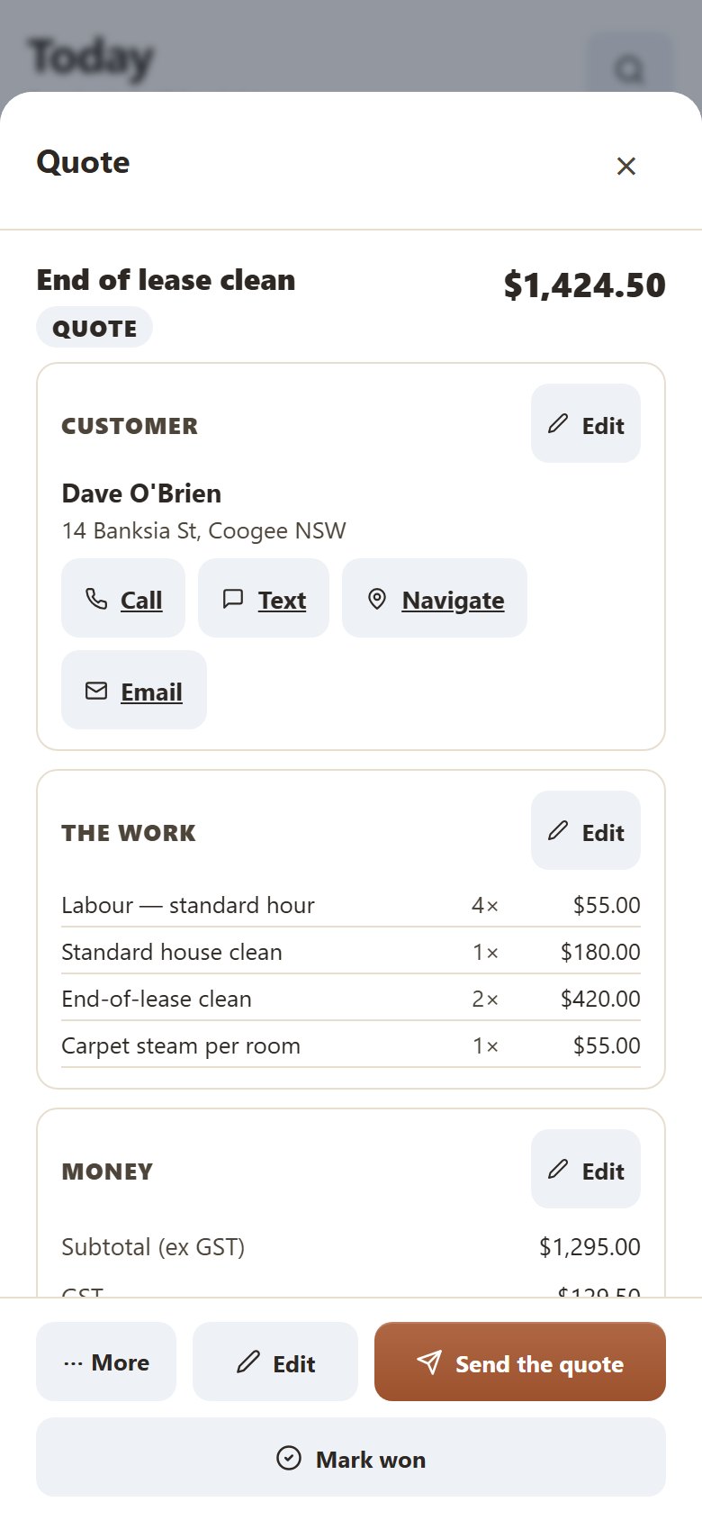 Yamate on a phone, showing a cleaner quote: the job, the customer, each line and the total with GST