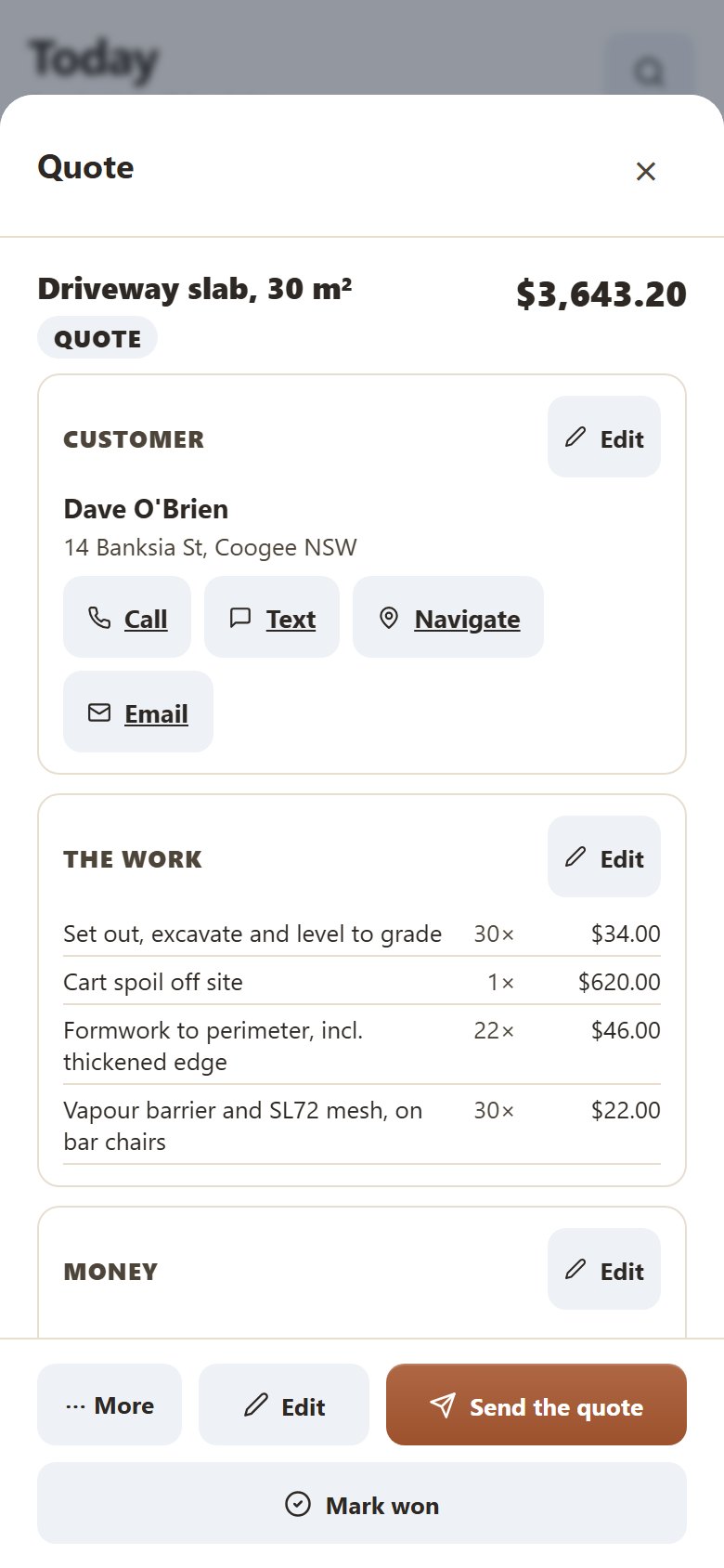 Yamate on a phone, showing a concreter quote: the job, the customer, each line and the total with GST