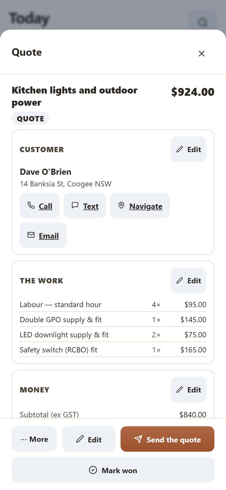 Yamate on a phone, showing an electrician quote: the job, the customer, each line and the total with GST