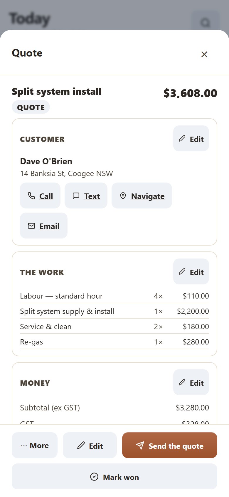 Yamate on a phone, showing an air-con quote: the job, the customer, each line and the total with GST