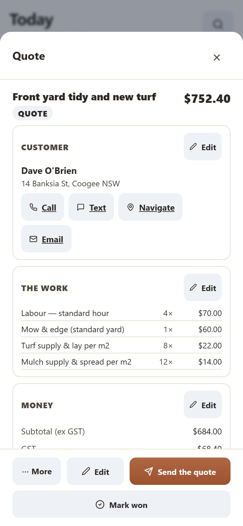 Yamate on a phone, showing a landscaper quote: the job, the customer, each line and the total with GST