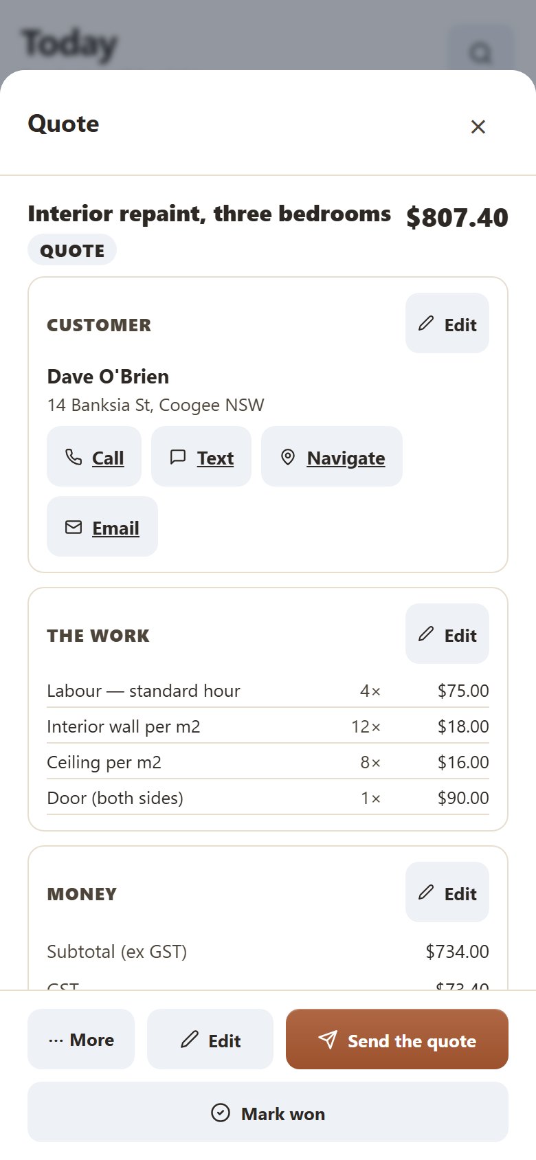 Yamate on a phone, showing a painter quote: the job, the customer, each line and the total with GST