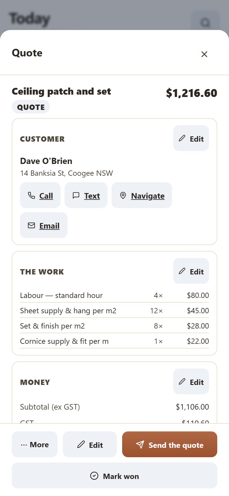 Yamate on a phone, showing a plasterer quote: the job, the customer, each line and the total with GST