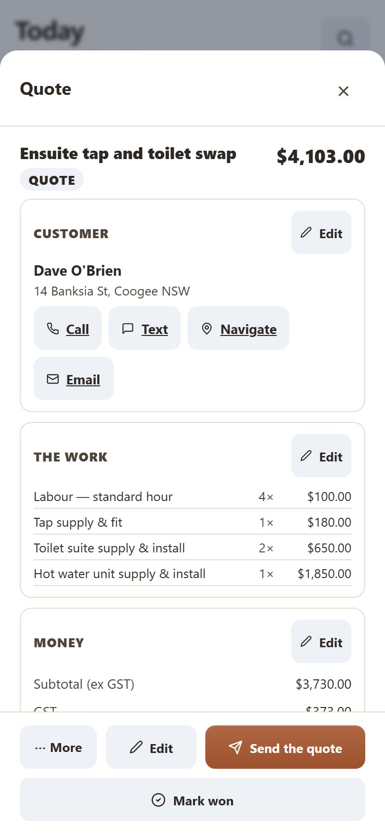 Yamate on a phone, showing a plumber quote: the job, the customer, each line and the total with GST