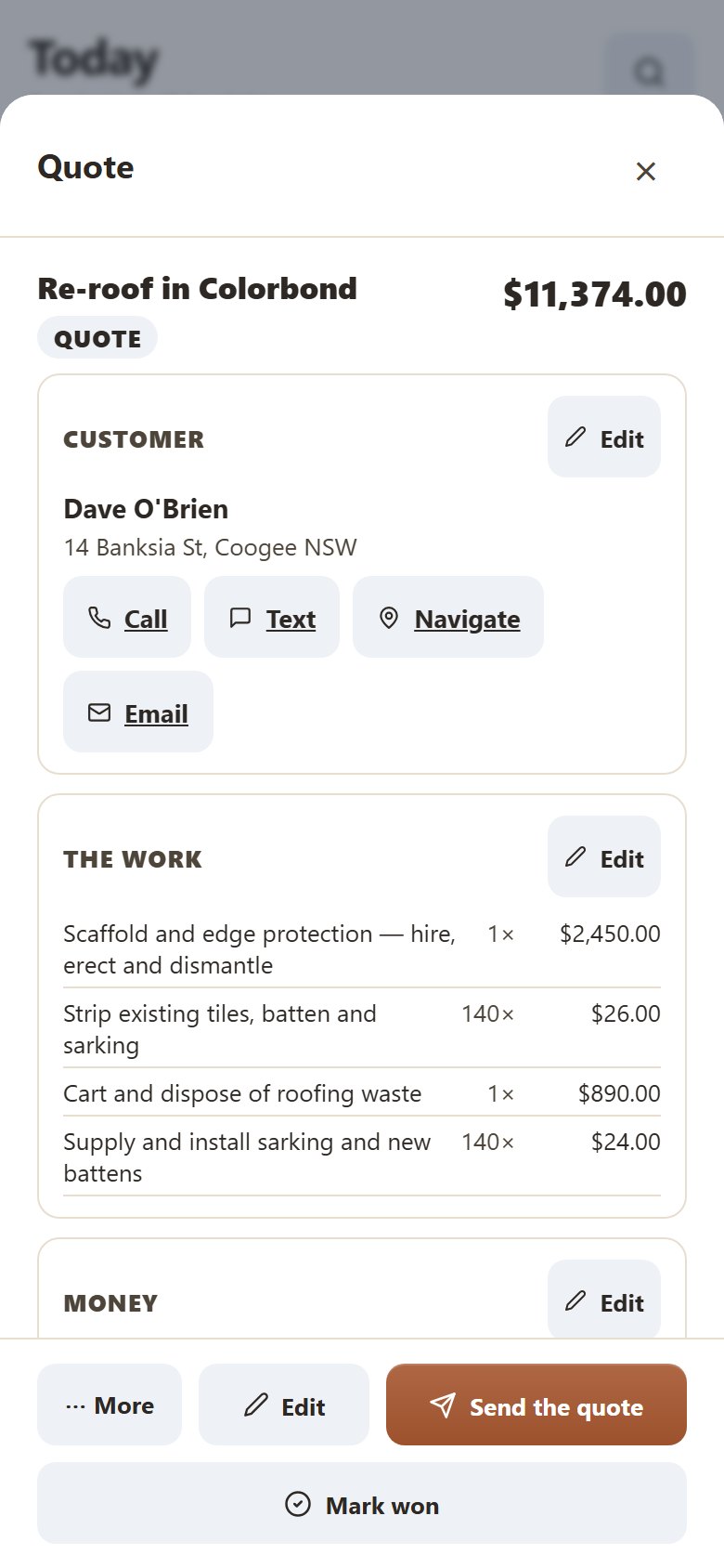 Yamate on a phone, showing a roofer quote: the job, the customer, each line and the total with GST